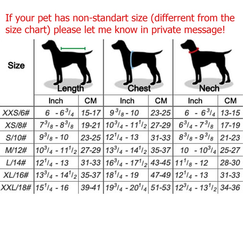 May include: Size chart for dog harnesses, showing measurements in inches and centimeters for neck, chest, and length. Sizes range from XXS to XXL.