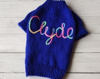 Personalized dog sweater with embroidered dog name