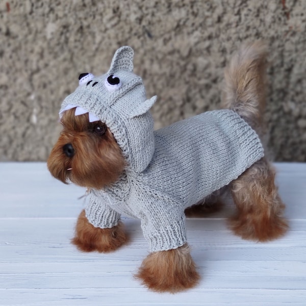 Shark dog costume Halloween dog costume for small dog Handmade grey Yorkie Toy Terrier Chihuahua hoodie
