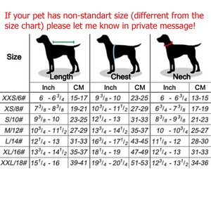 Peut inclure: Tableau des tailles pour harnais de chien, indiquant les mesures en pouces et en centim&egrave;tres pour le cou, la poitrine et la longueur. Les tailles vont du XXS au XXL.