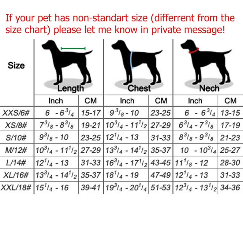 Peut inclure: Tableau des tailles pour harnais de chien, indiquant les mesures en pouces et en centim&egrave;tres pour le cou, la poitrine et la longueur. Les tailles vont du XXS au XXL.