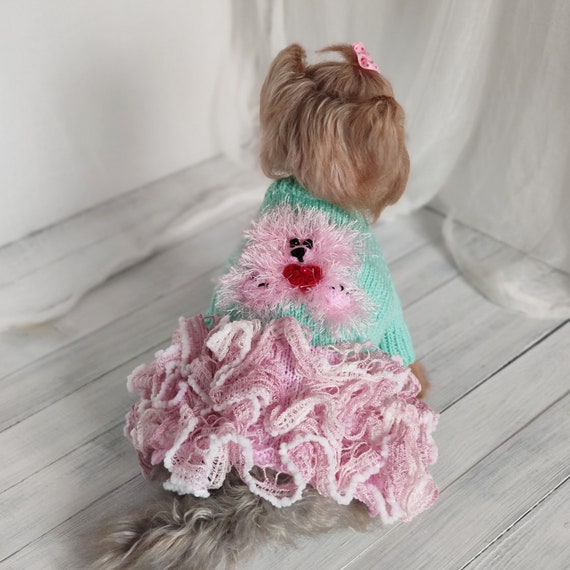Girl Dog Clothes Handmade Dog Sweater Fancy Knit Dog Dress With