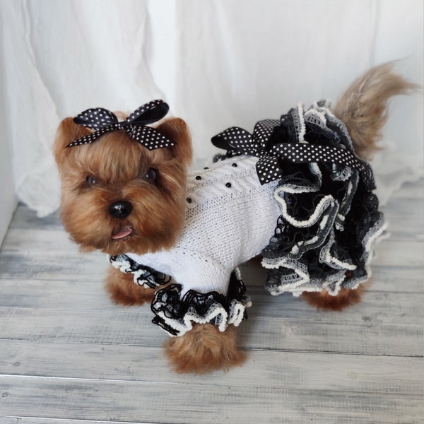 White and black dog quinceanera dress Fancy knit dog dress with ruffle for chihuahua or yorkie Pet gifts ready to ship