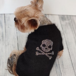 Handmade dog sweater Dog jumper with rhinestones skull and crossbones Black Halloween cat sweater