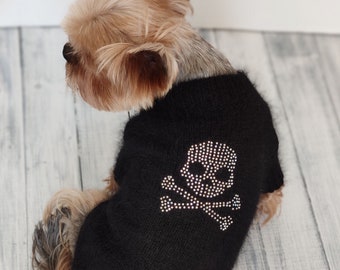 Handmade dog sweater Dog jumper with rhinestones skull and crossbones Black Halloween cat sweater