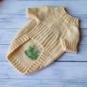 May include: A pale yellow knitted sweater with short sleeves. The sweater has a green stain on the front.
