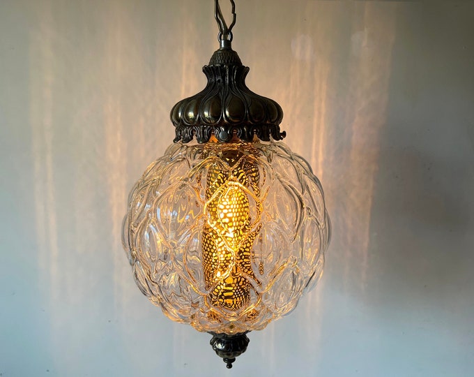 1970s SWAG Ceiling Light Brass Glass Mid Century Chain Hang Pendant