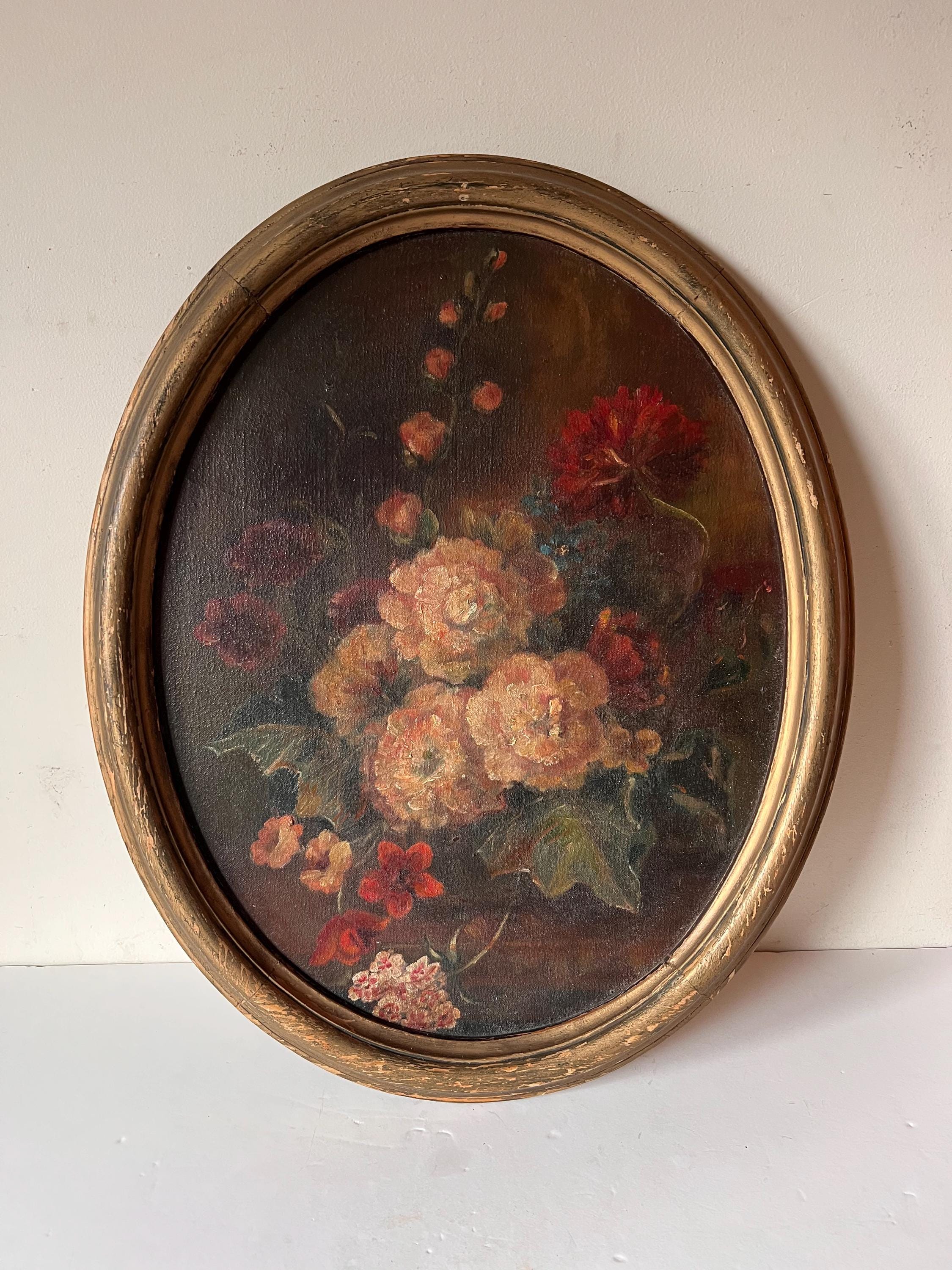 Antique Floral Painting Oval - Etsy