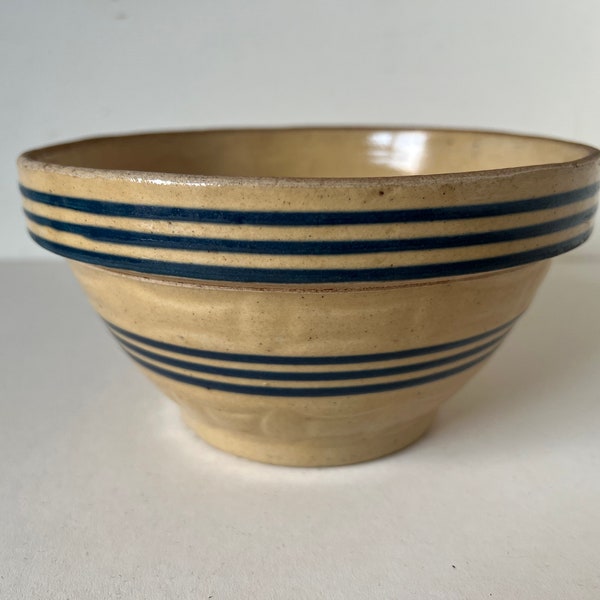 Vintage Small Yellow Ware Bowl Blue Stripes 4"H / 7" Diameter Country Mixing bowl pottery