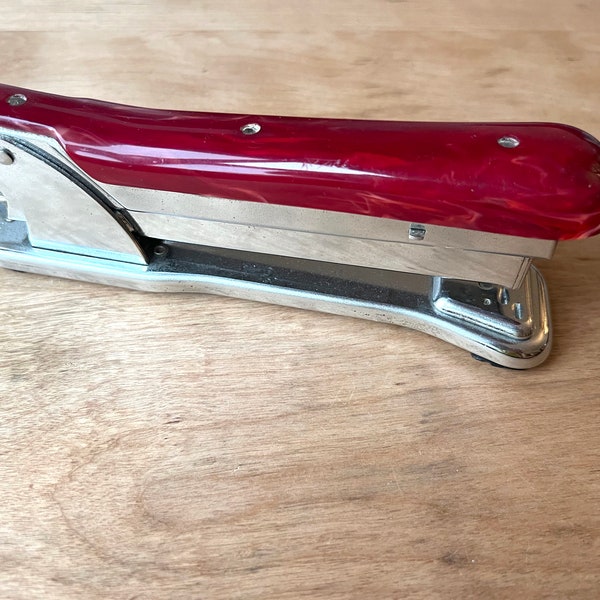 Vintage Chrome and Red Bakelite Aceliner Stapler #502 - Art Deco Stapler Fastener - Retro Stationery