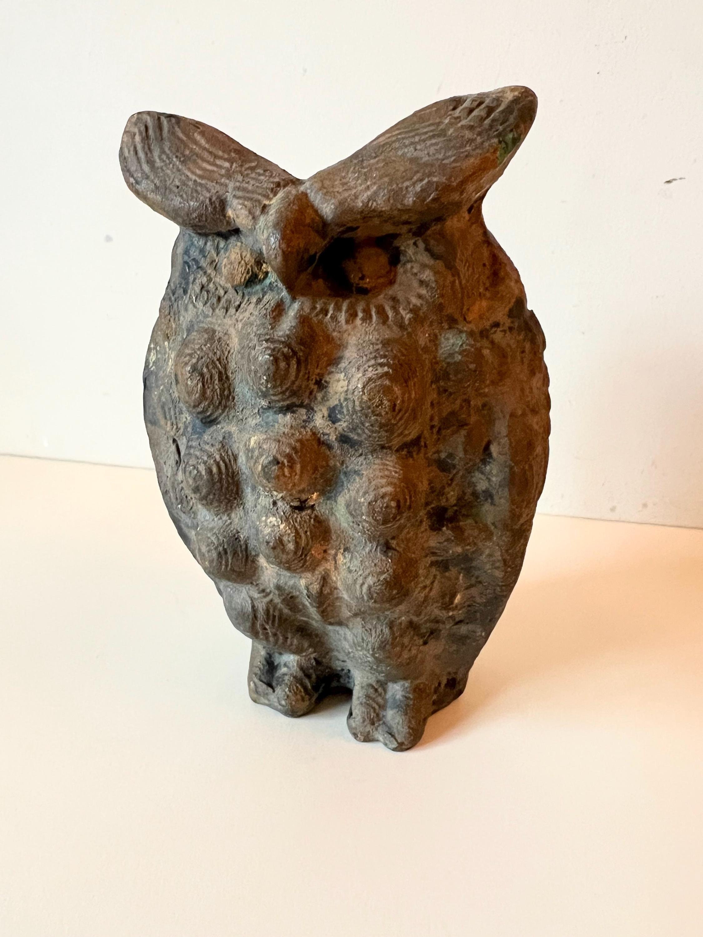 Bronze sculpture OWL Cryptomeria texture Vintage Brutalist 7"H