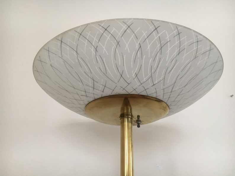 Mid Century Modern Mod Floor Lamp Torchiere Brass Black Metal Minimalist Design Glass Shade 1960s Pick Up Only Manhattan Nyc 10034