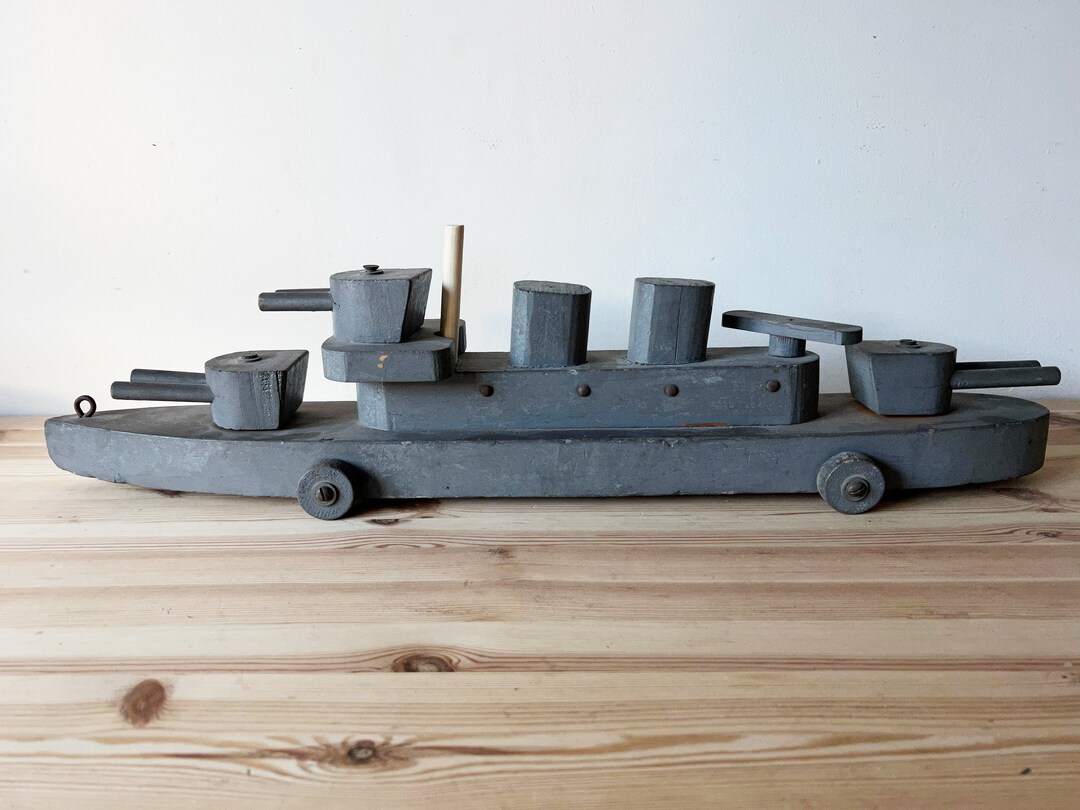 WW2 Folk Art Wood Toy Pull Battleship Handpainted Painted Stacks Gun ...