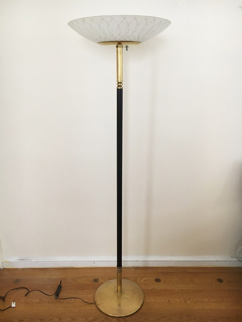 Mid Century Modern Mod Floor Lamp Torchiere Brass Black Metal Minimalist Design Glass Shade 1960s Pick Up Only Manhattan Nyc 10034