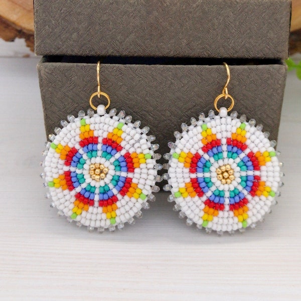 White dangle Native style earrings Circle colorful earrings Morning Star jewelry American beadwork style Beaded rainbow rosette jewelry