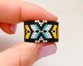 Wide colorful Native style ring Beaded black band Statement unisex jewelry Custom size Ring for men Traditional American ring