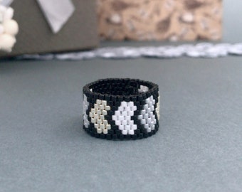 Wide Black Ring With Heart, Beaded Jewelry Band