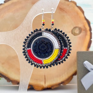 Medicine Wheel turtle earrings Beadwork circle red yellow black white jewelry Boho dangle seed bead earrings American Traditional style