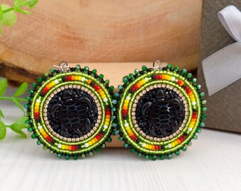 Beaded Turtle Earrings, Green Colorful Native Style Jewelry
