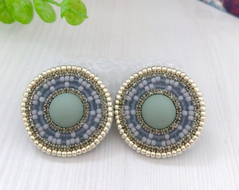 Gray Silver Beadwork Stud Earrings, Stud Native Style Large Jewelry