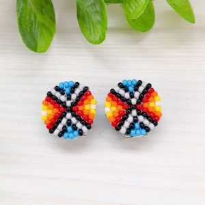 Turquoise colorful beadwork earrings Stud beaded Native style earrings Circle boho jewelry Traditional American Earrings for men & women