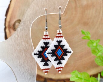 White Black Native American Style Earrings, Beaded Ethnic Jewelry
