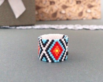 White boho beaded ring Native colorful style Statement American ring Ethnic peyote jewelry Flexible wide ring Custom size ring Unisex ring
