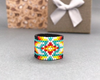 Black Native style ring Wide colorful ring American boho style ring  Peyote beaded ring Large unisex ring Ethnic beadwork ring