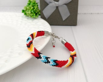 Red beaded Native style bracelet Colorful boho bracelet Ethnic American style Crochet beaded bracelet Multicolor unisex bracelet