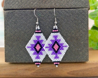Purple White Native Style Earrings, Beaded Ethnic Peyote Jewelry