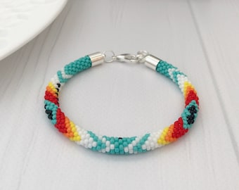 Turquoise Native style bracelet Thin colorful bracelet Crochet beaded jewelry Unisex boho bracelet Ethnic beadwork style West American