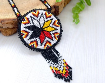 Native Medicine Wheel style medallion American beadwork necklace Ethnic beaded jewelry Morning star style medallion Boho unisex pendant