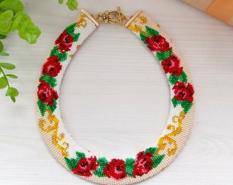 Wide Beaded Red Roses Necklace, White Beige Flowered Jewelry, Native Ukrainian Beadwork Collar