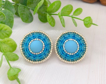 Beadwork blue earrings Stud round Native style earrings Circle sparkly jewelry Earrings with rhinestone West American style