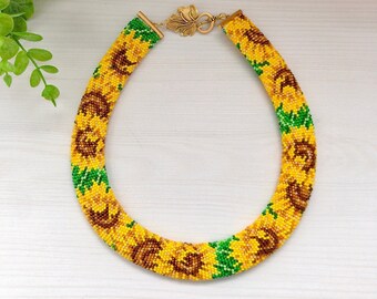 Sunflowers Wide Flat  Necklace, Yellow Flowers Crochet Beaded Collar, Native Ukrainian Jewelry