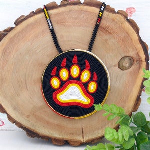 Bear paw medallion Native Medicine wheel style necklace Beadwork large pendant Bear claw medallion Boho beaded rope