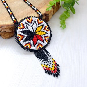 Native Medicine Wheel style medallion American beadwork necklace Ethnic beaded jewelry Morning star style medallion Boho unisex pendant