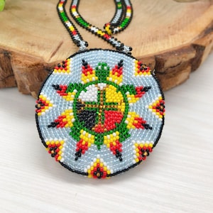 Native Medicine Wheel style medallion Beaded necklace with turtle Morning Star medallion Beadwork colorful pendant Traditional American