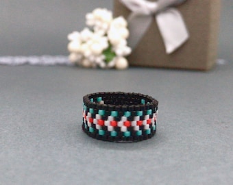Black Colorful Native Style Ring, Wide Beaded Band, Ethnic Native Style Jewelry