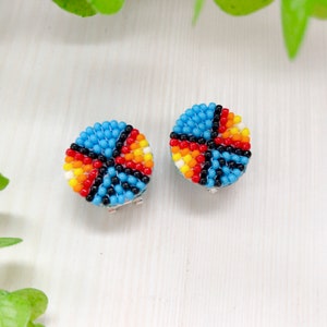 Turquoise colorful beadwork earrings Native style stud earrings Seed beads boho earrings for men Traditional American jewelry image 3