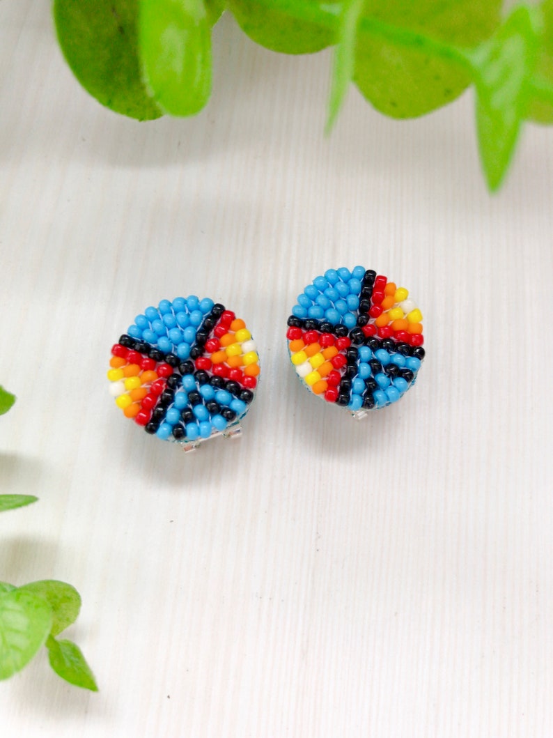 Turquoise colorful beadwork earrings Native style stud earrings Seed beads boho earrings for men Traditional American jewelry image 3