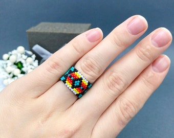 Black colorful Native style ring Wide beaded ring Unisex boho rings West American style jewelry Turquoise boho ring Indigenous style