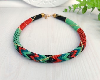 Red Green Black crochet Beaded Necklace, Juicy Colors Jewelry