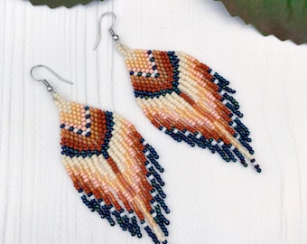 Brown Feather Fringe Beaded Earrings, Native American Inspiration Jewelry