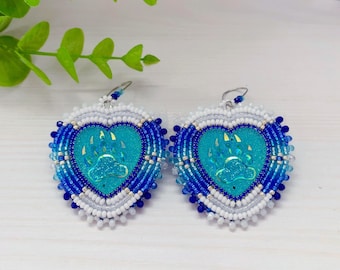 White Blue Beadwork Heart Earrings, Bear Paw Jewelry in Native Style, Beaded Claw