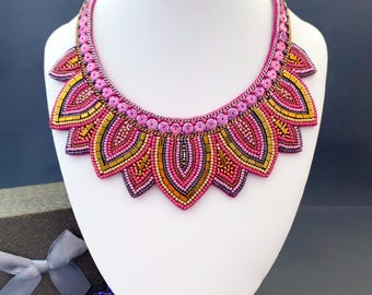 RBG Pink Wedding Collar, Notorious Ruth Bader Ginsburg Jewelry, Large Beadwork Sparkly Necklace