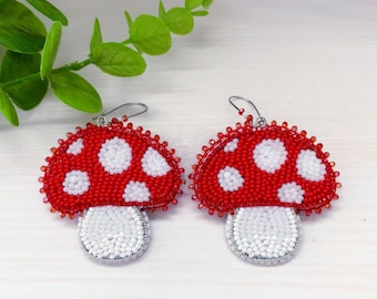 Red Mushroom Beadwork Earrings, Fly-agaric Jewelry in Native style