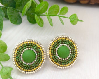 Green beadwork earrings Round Native style stud Earrings with cabochon Rhinestone jewelry Green marble and yellow beaded earrings