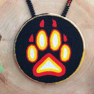 Wolf paw beadwork medallion Native Medicine Wheel style Large beaded necklace American Traditional necklace Black white yellow red medallion