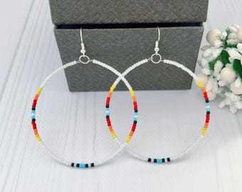 White Ethnic Hoop earrings, Beaded Colorful Native Style Jewelry